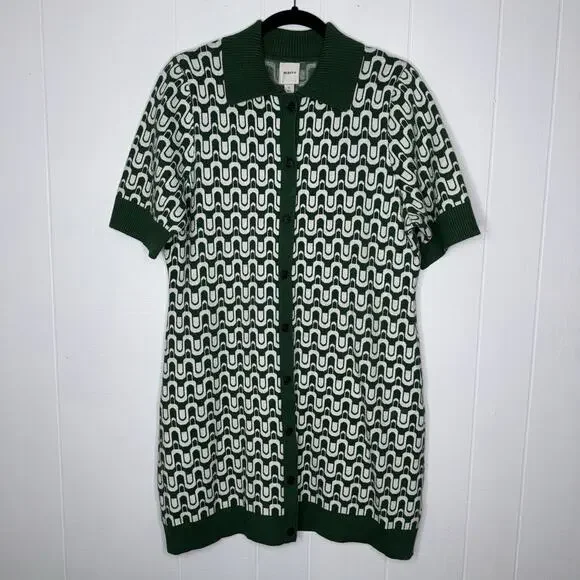 Maeve Anthropologie Collared Button Front Knit Mini Dress Green Mod Print 1X - Picture 3 of 7